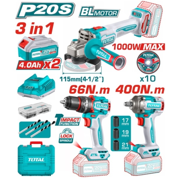 Total TOSLI241291E Σετ Κρουστικό Δραπ/δο 66Nm + Παλμικό 400Nm + Γων.Τροχος 1000W 20V 2x4Ah