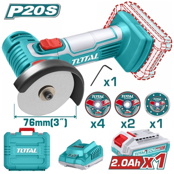 TOTAL TAGLI76012 Μίνι Γωνιακός Τροχός Μπαταρίας 76mm 20V / 1x2Ah