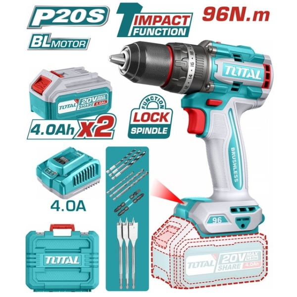 TOTAL TIDLI20968E Κρουστικό Δραπανοκατσάβιδο 20V 2x4Ah 96Nm Brushless