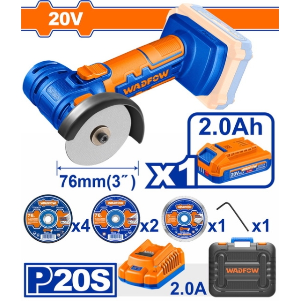 WADFOW WLAP573 Μίνι Γωνιακός Τροχός Μπαταρίας 76mm 20V / 2Ah