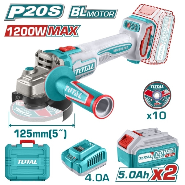 TOTAL TAGLI2212532E Γωνιακός Τροχός 20V 125mm 2x5Ah Brushless