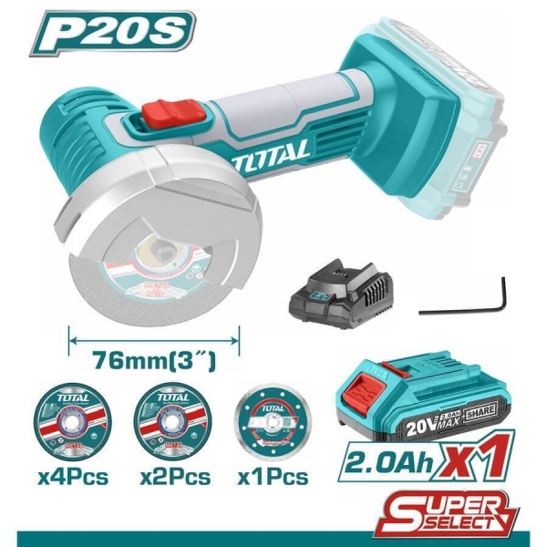 TOTAL TAGLI76017 Μίνι Γωνιακός Τροχός Μπαταρίας 76mm 20V / 1x2Ah