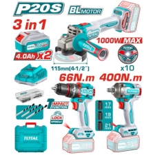 Total TOSLI241291E Σετ Κρουστικό Δραπ/δο 66Nm + Παλμικό 400Nm + Γων.Τροχος 1000W 20V 2x4Ah
